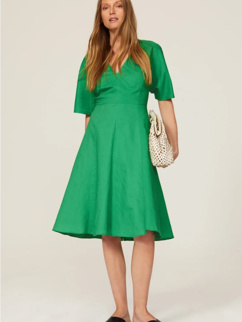 Tome x RTR Bright Green Linen Dress V-Neck Linen Cotton Summer Graduation